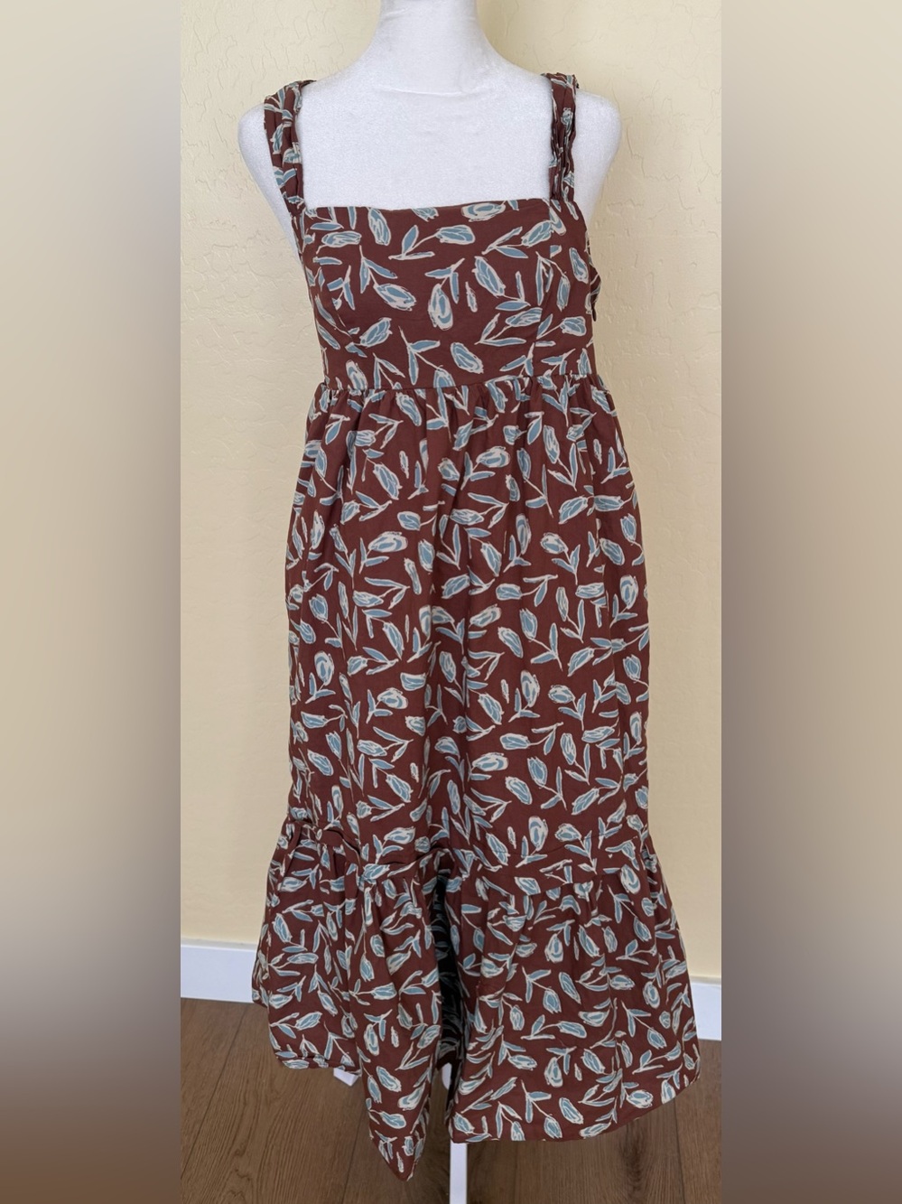 AUREUM Brown Floral Cotton Poplin Fall Smocked Midi Dress SZ S Prairie Cottage